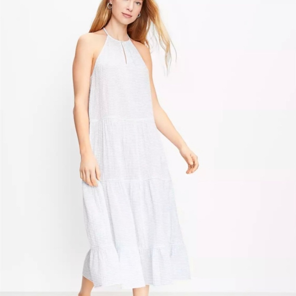 LOFT Beach Striped Halter Tiered Midi Dress